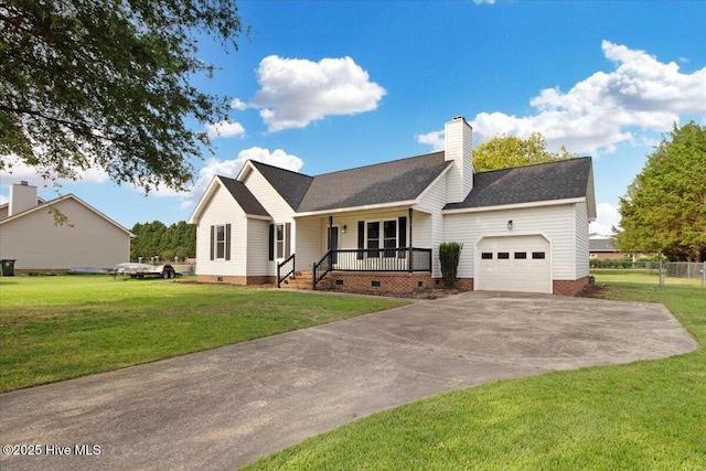 ranch-style house featuring a front yard, a porch, concrete driveway, a garage, and crawl space