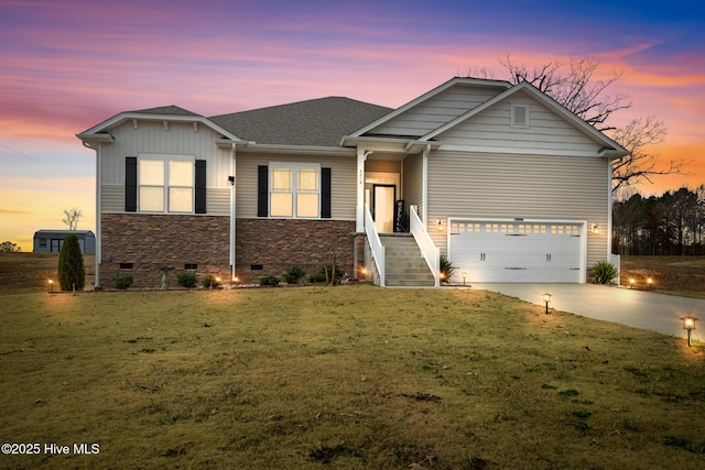 view of front of property featuring a front yard, an attached garage, a shingled roof, concrete driveway, and crawl space