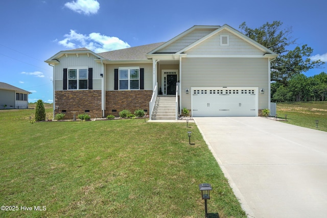 craftsman-style home with crawl space, a front yard, a garage, and driveway