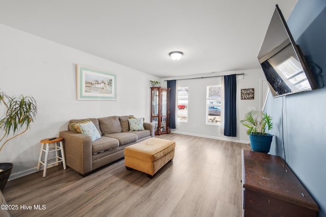 living room featuring wood finished floors and baseboards