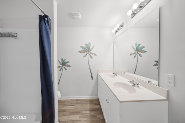 bathroom with double vanity, wood finished floors, baseboards, and a sink