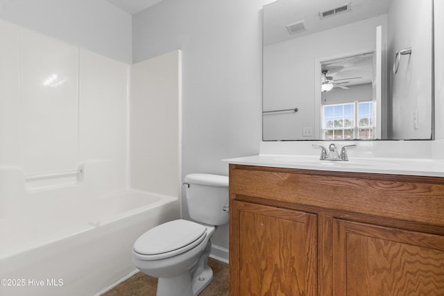 bathroom featuring visible vents, toilet, and vanity