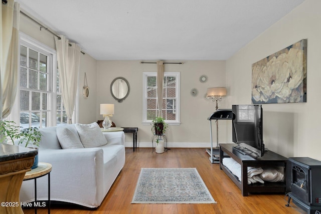 living room featuring a wood stove, wood finished floors, and baseboards