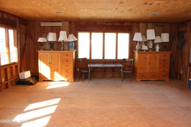 living area featuring wood walls