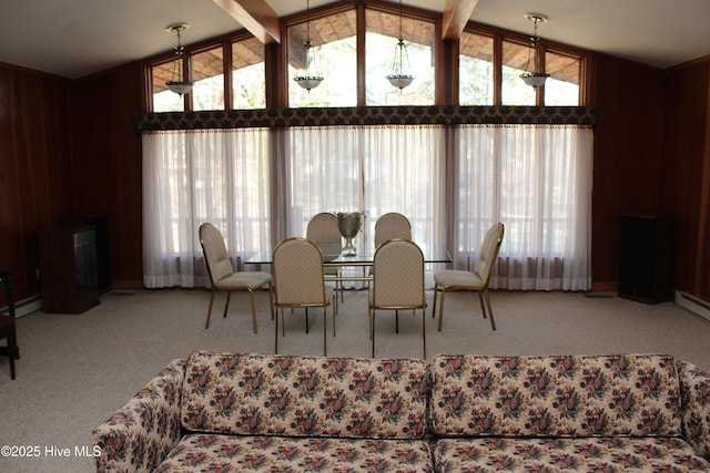 dining room with carpet flooring, vaulted ceiling with beams, and a baseboard radiator