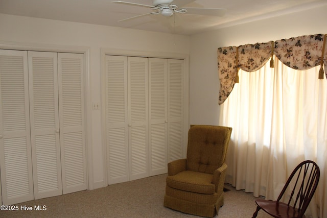 living area with a ceiling fan and carpet