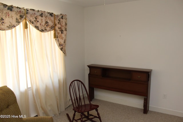 living area with baseboards and carpet