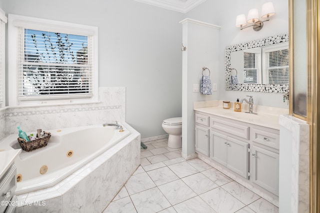 full bathroom with baseboards, toilet, ornamental molding, a whirlpool tub, and vanity