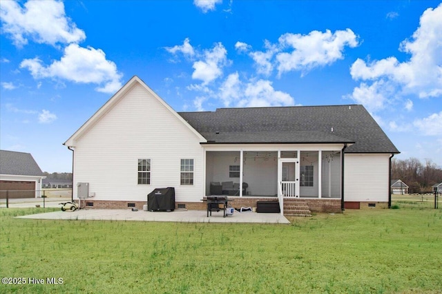 rear view of house with a patio, fence, a sunroom, crawl space, and a lawn