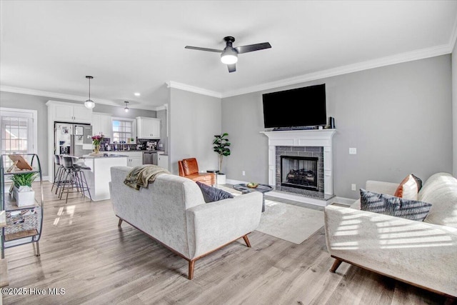 living room with a fireplace, crown molding, baseboards, and light wood-type flooring