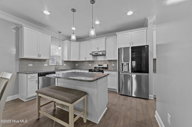 kitchen featuring under cabinet range hood, dark wood finished floors, white cabinetry, and stainless steel appliances