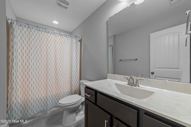 full bath with tile patterned floors, visible vents, toilet, and vanity