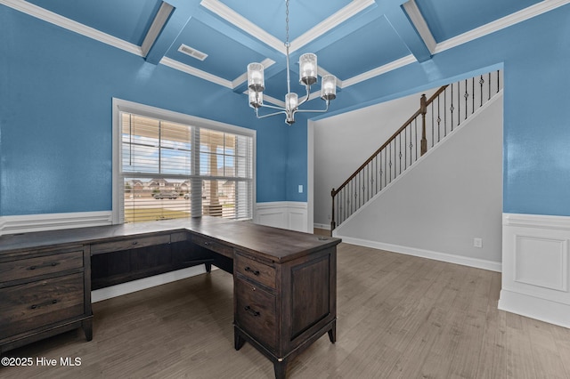 home office featuring wood finished floors, a wainscoted wall, visible vents, coffered ceiling, and a notable chandelier