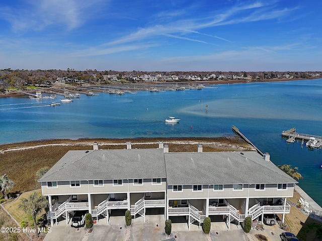 drone / aerial view with a water view
