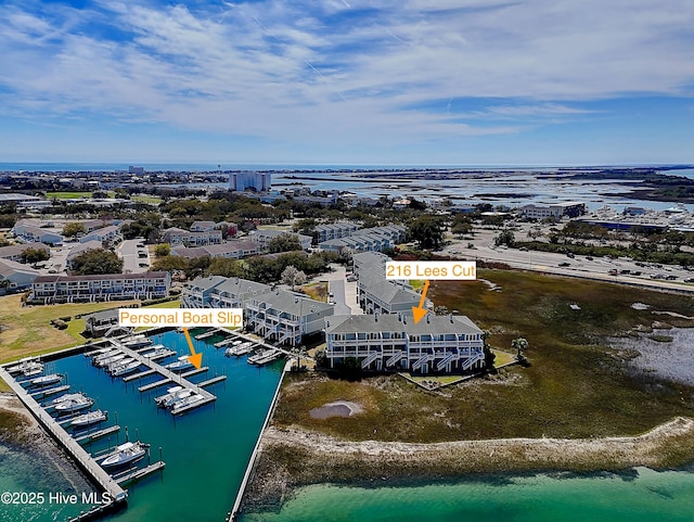 drone / aerial view featuring a water view