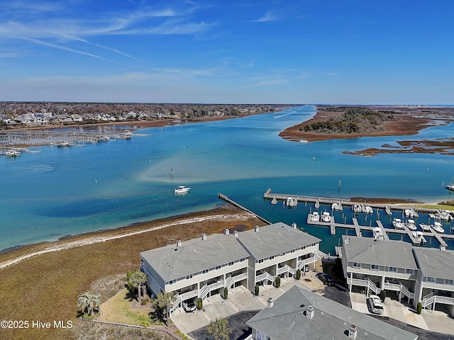 drone / aerial view featuring a water view