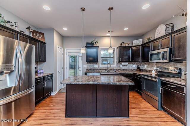 kitchen featuring light wood-type flooring, a sink, a kitchen island, tasteful backsplash, and appliances with stainless steel finishes