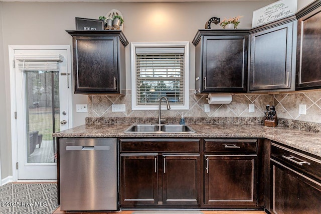 kitchen with stainless steel dishwasher, dark brown cabinets, backsplash, and a sink