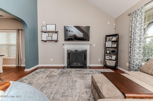 113 Sedgewood Ct, Aberdeen, NC 28315 - living area with a premium fireplace, arched walkways, wood finished floors, and baseboards
