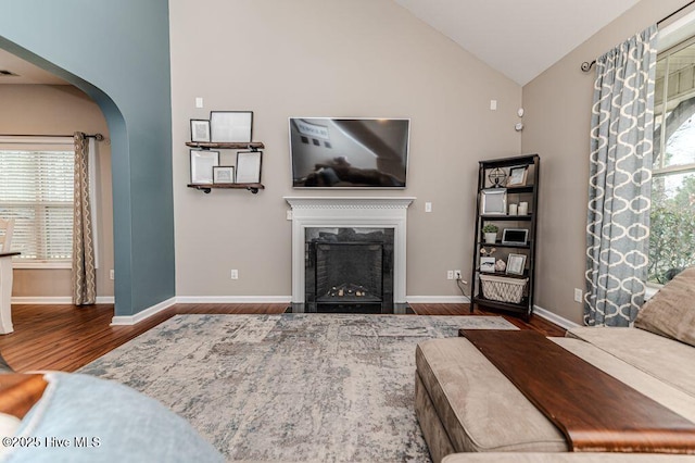 living area with a high end fireplace, baseboards, lofted ceiling, wood finished floors, and arched walkways