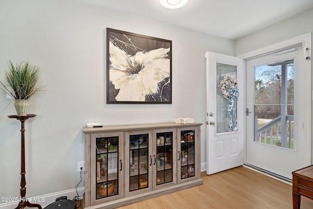 foyer with baseboards and wood finished floors