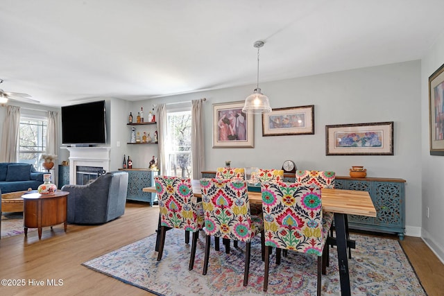 dining room featuring baseboards, a ceiling fan, a fireplace, and light wood finished floors