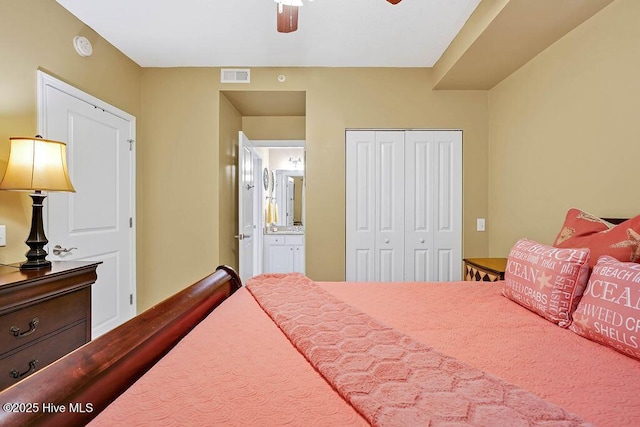 bedroom with a closet, visible vents, ensuite bath, and a ceiling fan