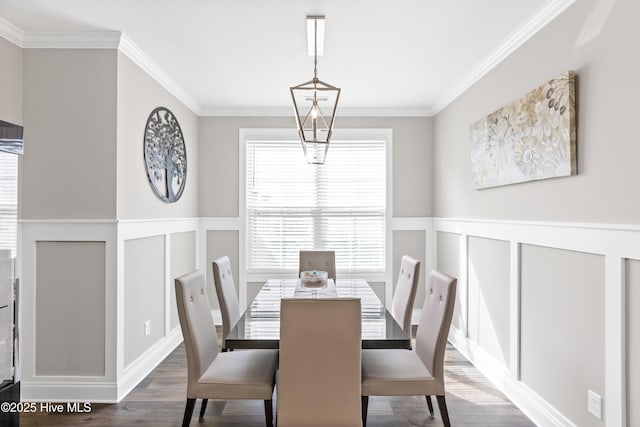 dining area featuring wainscoting, dark wood-style flooring, and ornamental molding