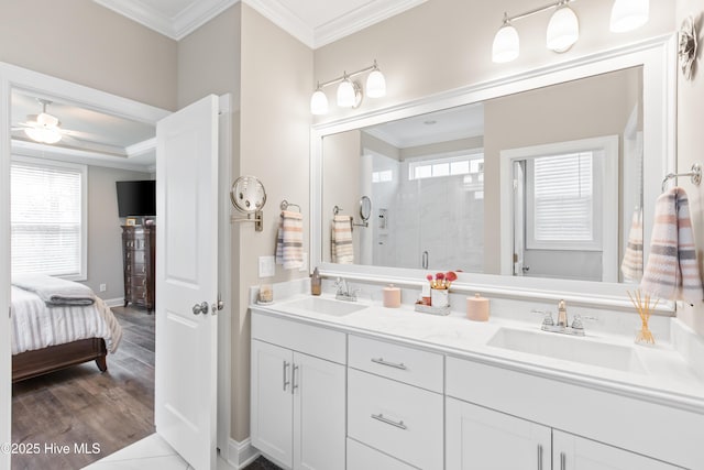 ensuite bathroom featuring crown molding, a healthy amount of sunlight, and a sink