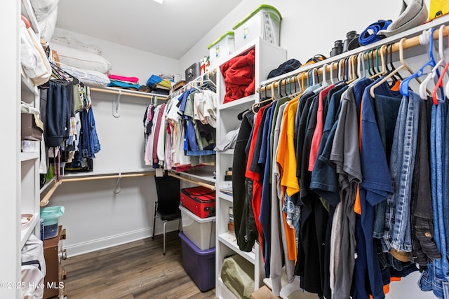 walk in closet with wood finished floors