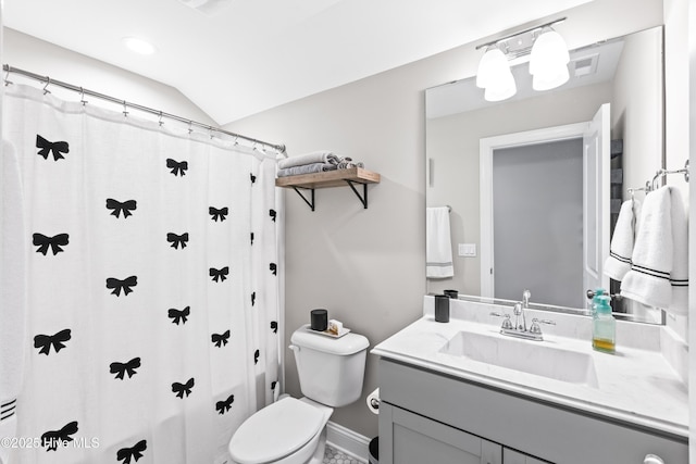 full bathroom with a shower with curtain, toilet, vanity, and lofted ceiling