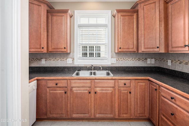 kitchen featuring decorative backsplash, dark countertops, white dishwasher, and a sink