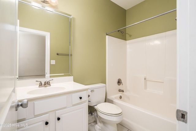 full bath with washtub / shower combination, toilet, vanity, and tile patterned flooring