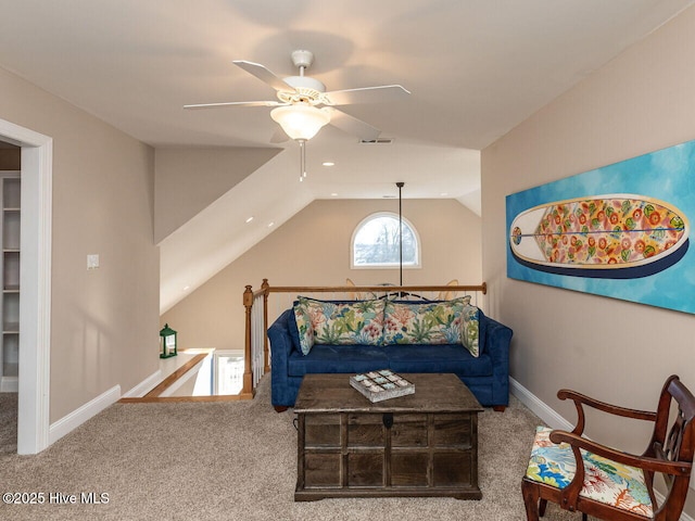 129 Sunset Dr, Cedar Point, NC 28584 - bedroom with visible vents, ceiling fan, baseboards, vaulted ceiling, and carpet floors