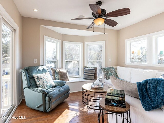 129 Sunset Dr, Cedar Point, NC 28584 - living room with recessed lighting, wood finished floors, and ceiling fan