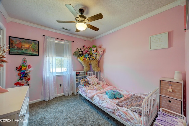 carpeted bedroom featuring crown molding, baseboards, visible vents, and a textured ceiling