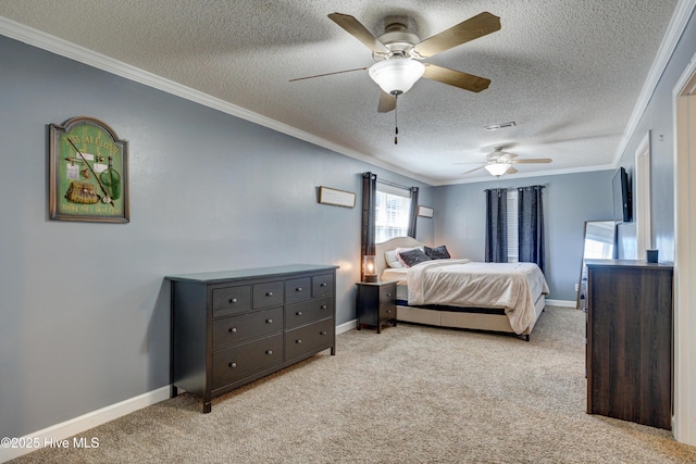 bedroom with crown molding, light colored carpet, visible vents, and baseboards