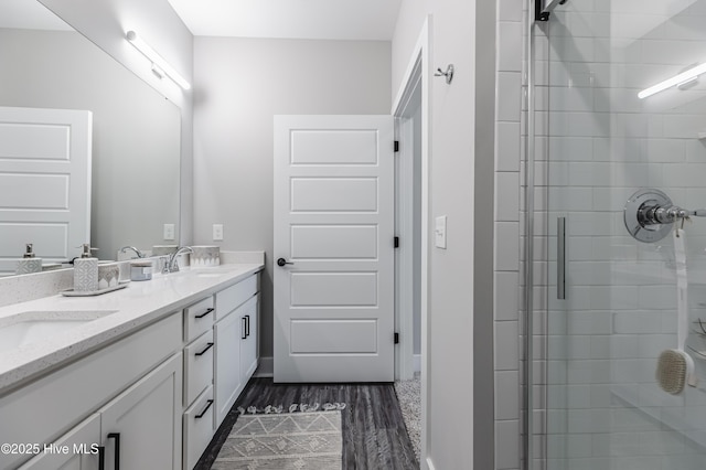 bathroom featuring a sink, double vanity, wood finished floors, and a shower stall