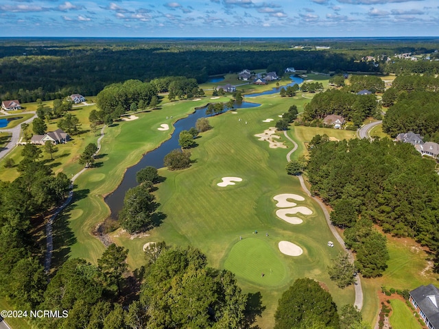 birds eye view of property with a water view, a view of trees, and golf course view