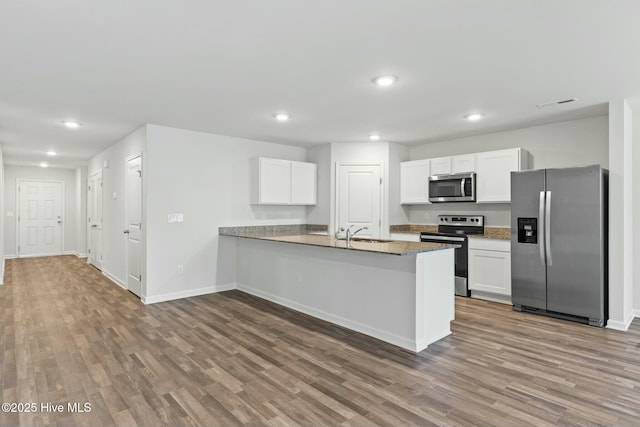 kitchen featuring a sink, wood finished floors, white cabinetry, appliances with stainless steel finishes, and a peninsula