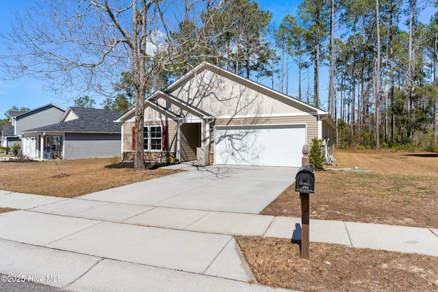 single story home with an attached garage, driveway, and a front lawn