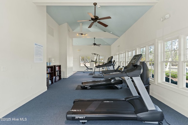 workout room featuring visible vents, baseboards, a ceiling fan, and high vaulted ceiling