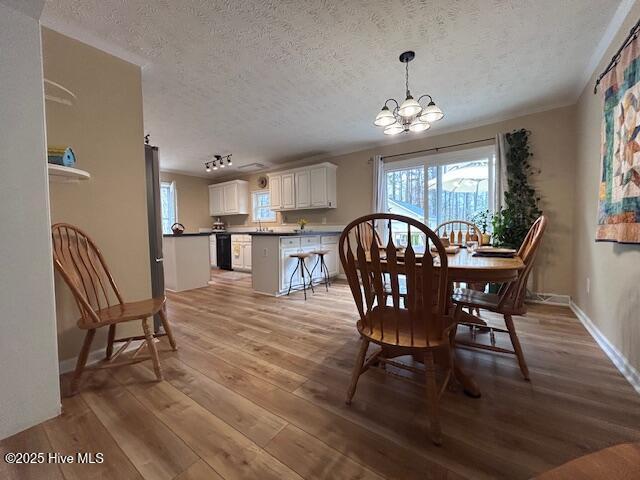 dining room featuring an inviting chandelier, plenty of natural light, light wood finished floors, and a textured ceiling