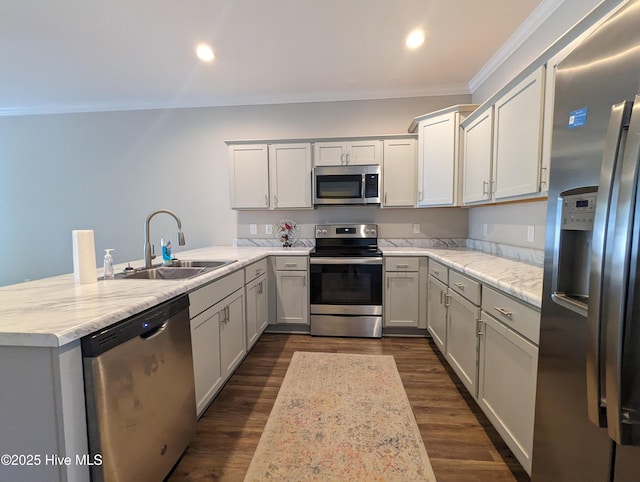 kitchen with dark wood-type flooring, ornamental molding, a peninsula, stainless steel appliances, and a sink