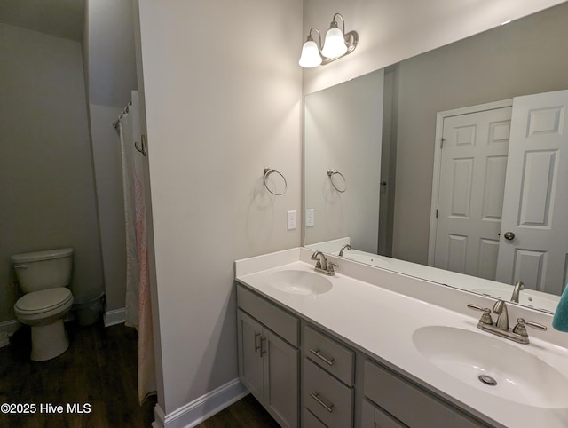 bathroom with double vanity, wood finished floors, baseboards, and a sink