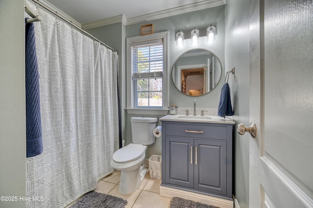 full bath featuring vanity, a shower with shower curtain, tile patterned flooring, crown molding, and toilet