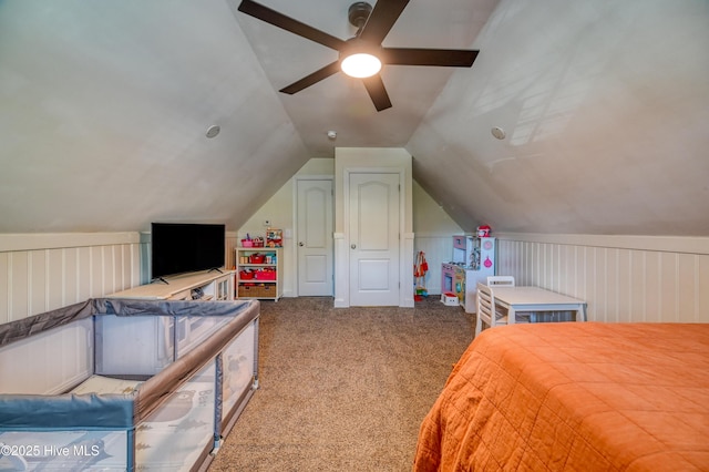 carpeted bedroom featuring vaulted ceiling and ceiling fan