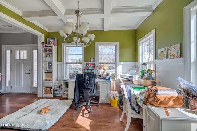 office area featuring beam ceiling, wainscoting, an inviting chandelier, wood finished floors, and coffered ceiling