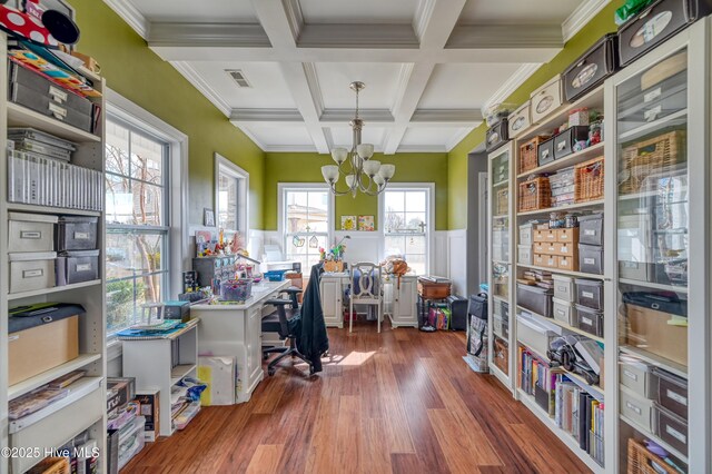 home office featuring visible vents, beamed ceiling, a wainscoted wall, wood finished floors, and coffered ceiling