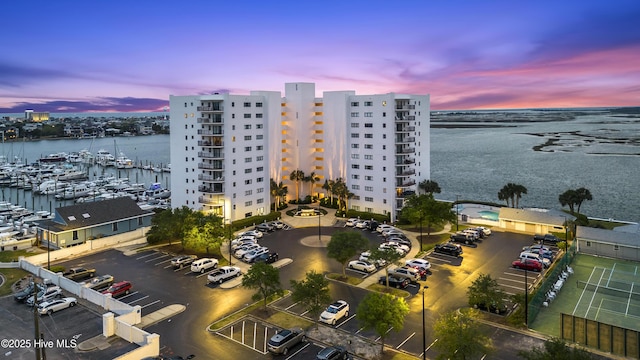 drone / aerial view featuring a water view